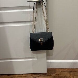 Coach Black Leather Crossbody with Gold Chain and Signature 'C'